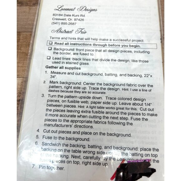 RARE Lovnest Designs Abstract Trio #1 Stained Glass Wall Quilt Pattern 21" X 30 - Picture 3 of 3